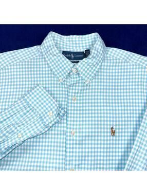 Polo Ralph Lauren Men Gingham Oxford Plaid Long Sleeve Shirt Sz L Blue Pony New